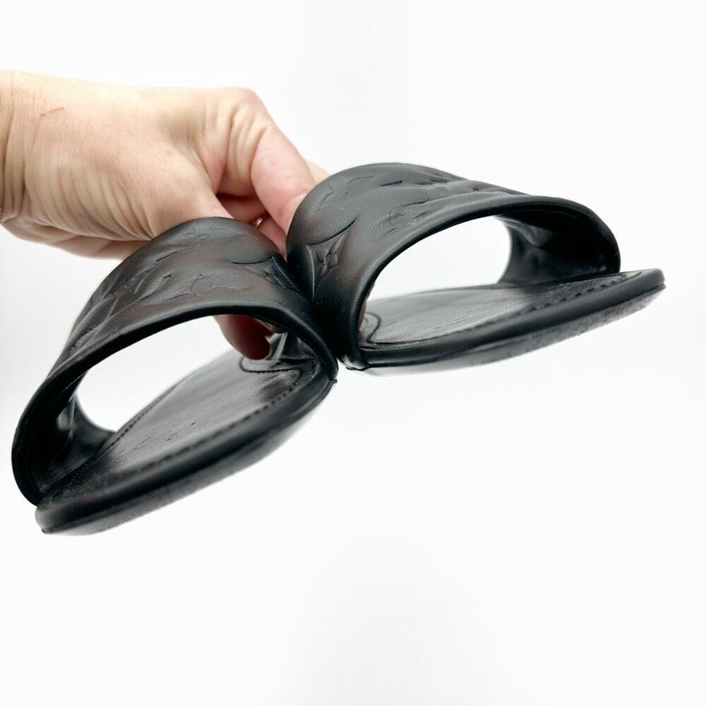 LOUIS VUITTON Embossed Monogram Revival Flat Mules Size 37 Black Logo Slides - Picture 6 of 12